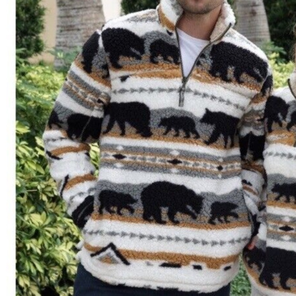 Cabin Fever Bear Print‎ 1/4 Zip Sherpa Pullover Size Medium